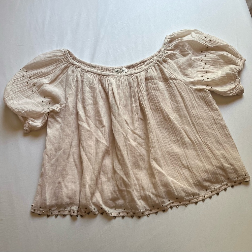 LOVESHACKFANCY nude peach ivory gauze beaded puff sleeve off shoulder crop top
